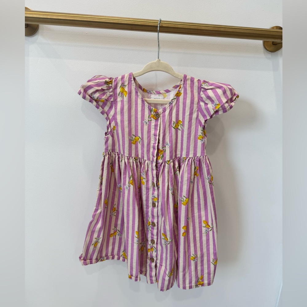 Next Girls Lemon Stripe Dress | Purple & White Flutter Sleeve Dress | 4-5Y